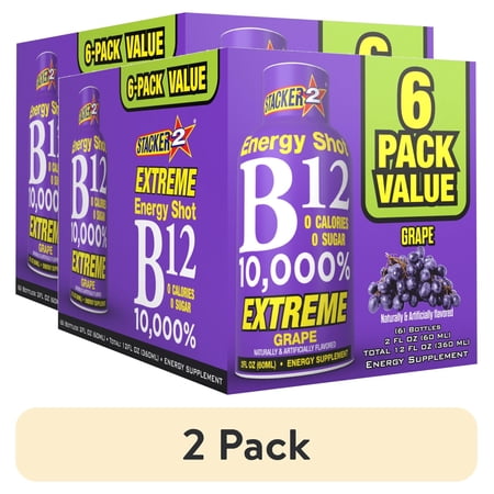 (2 pack) Stacker 2 B12 10,000% Energy Shot Grape, 2 oz, 6 Count
