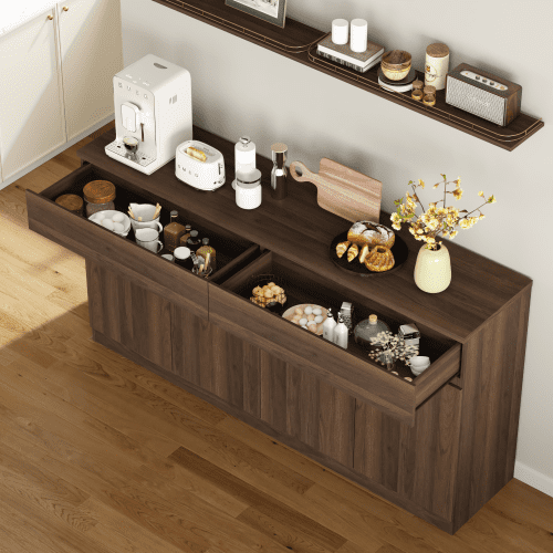 63.1" Sideboard Buffet Cabinet with Storage, 2 Drawers & 4 Doors, Large Kitchen Dining Room Credenza, Coffee Bar Table, Walnut