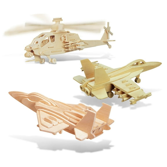 Puzzled F-15 Fighter Plane, Apache and F-18 Hornet Wooden 3D Puzzle Construction Kit