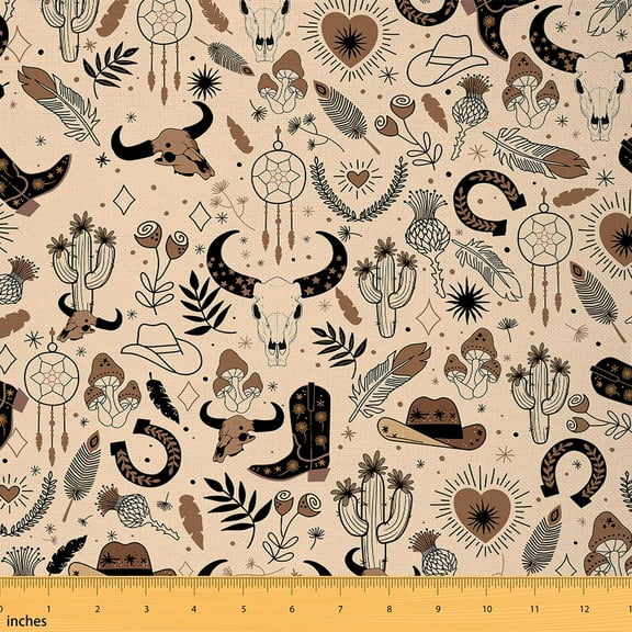 Manfei Rustic Western Cowboy Fabric by the Yard (1 Yard), Cow Skull Dreamcatcher Decorative Fabric by the Yard, Mushroom Boots Horseshoes Sewing & Crafting Fabric