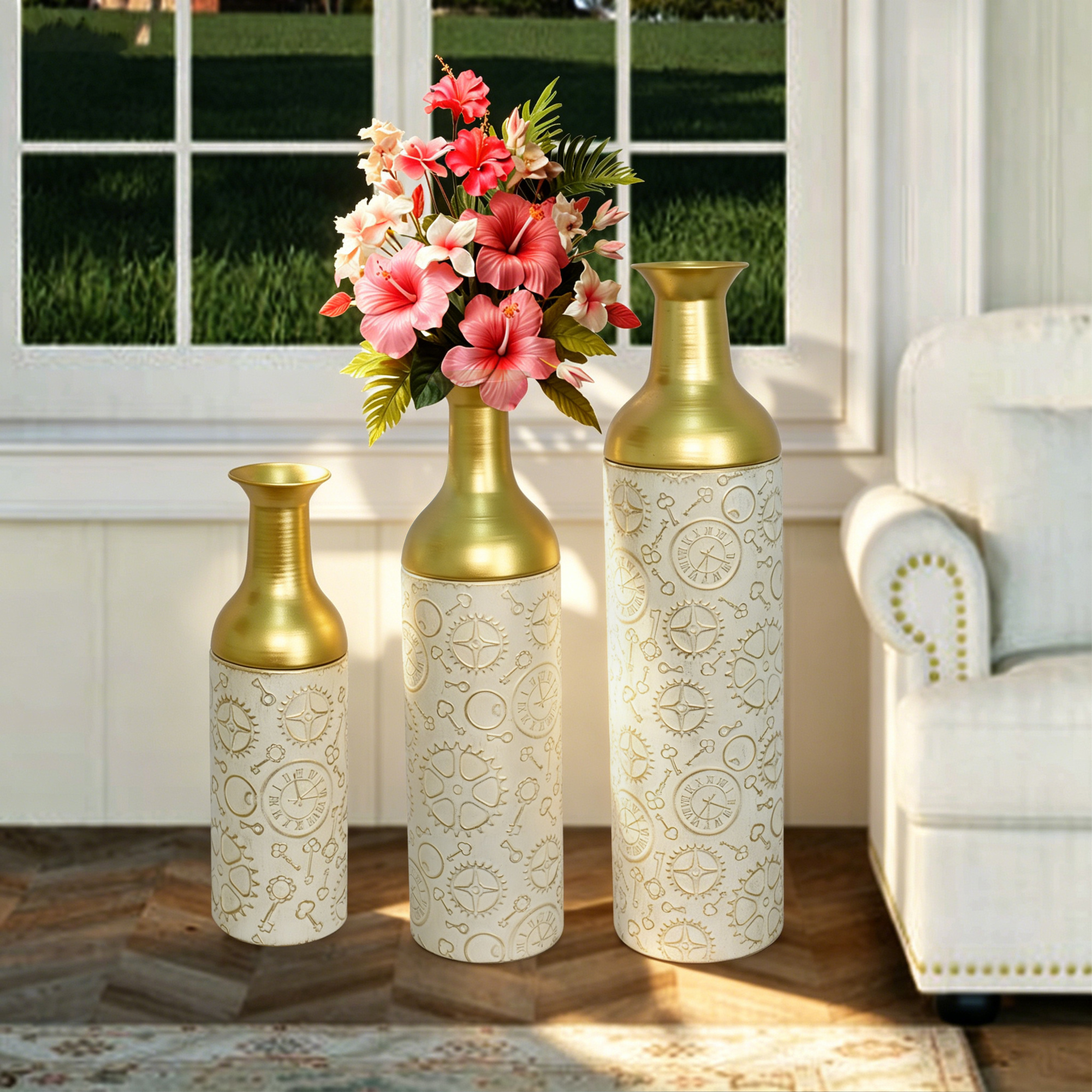 Leumius Decorative Metal Vases Set of 3, Antique White and Gold Leaf Pattern Floor Vases, Antique White and Gold Tall Vases for Home Decor, Living Room Entryway Decor