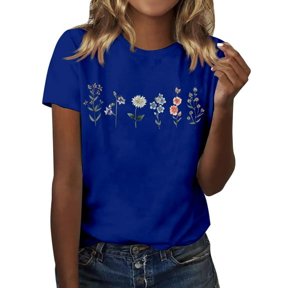 Cqxid525 Short Sleeve Tops For Women Womens Graphic T Shirt Vintage Floral Shirt Flower Tee Fall Shirts Blue L Beach Vacation Clothes