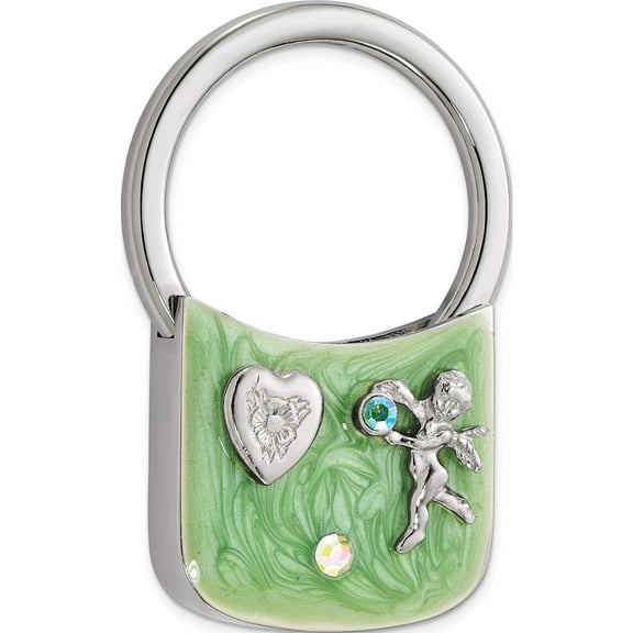 Fashion 1928 Silver-Tone Angel With Crystals Light Green Enamel Key Fob Made In United States gm3748