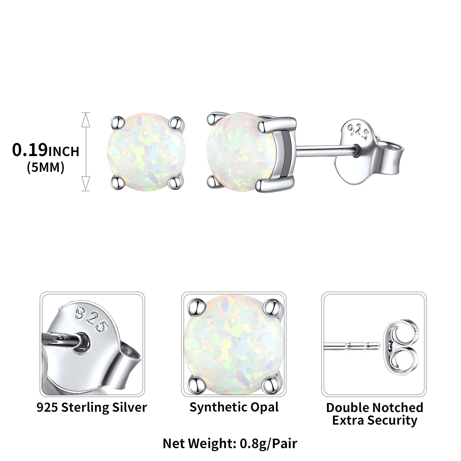 ChicSilver 5mm Created White Opal Stud Earrings Hypoallergenic Sterling Silver Round Cut Earrings for Women October Birthstone Jewelry