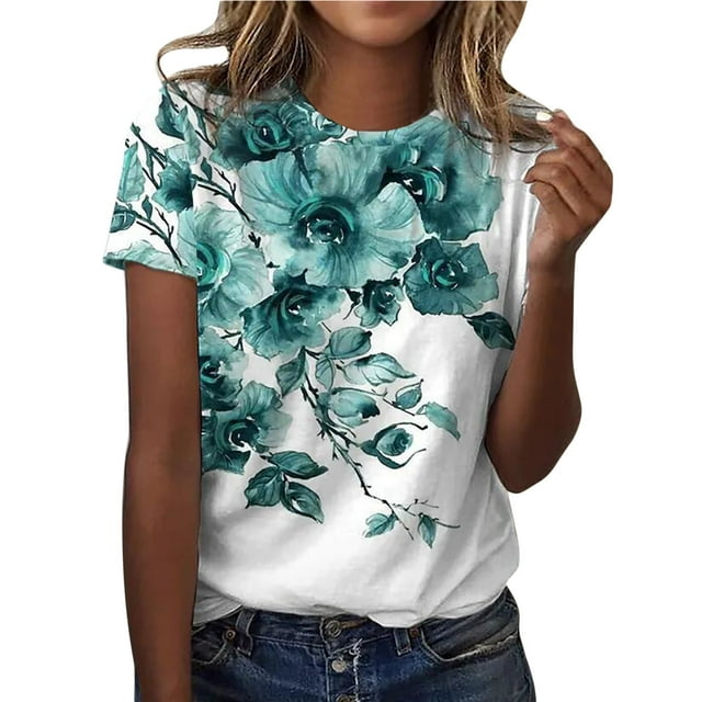 Gibobby Camisetas Mujer Baratas Manga Corta Camiseta tipo túnica informal para mujer, camiseta con cuello redondo, camiseta con estampado Floral degradado, cam(Verde,CH)