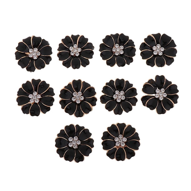 10 piezas de base plana para coser botones de diamantes de imitación, flores, cuentas de cristal, negro + diamantes de imitación