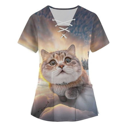 

QWERTYU Scrubs Top for Women Casual Professionals Uniform V Neck Holiday Nursing Scrubs Working Animal Print T Shirt Champagne L