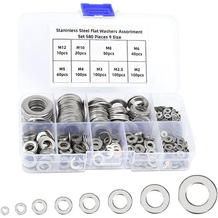 

580 Pieces Flat Washers 304 Stainless Steel Washer Metal Gasket M2 M2.5 M3 M4 M5 M6 M8 M10 M12 for Sealing Screws Rings