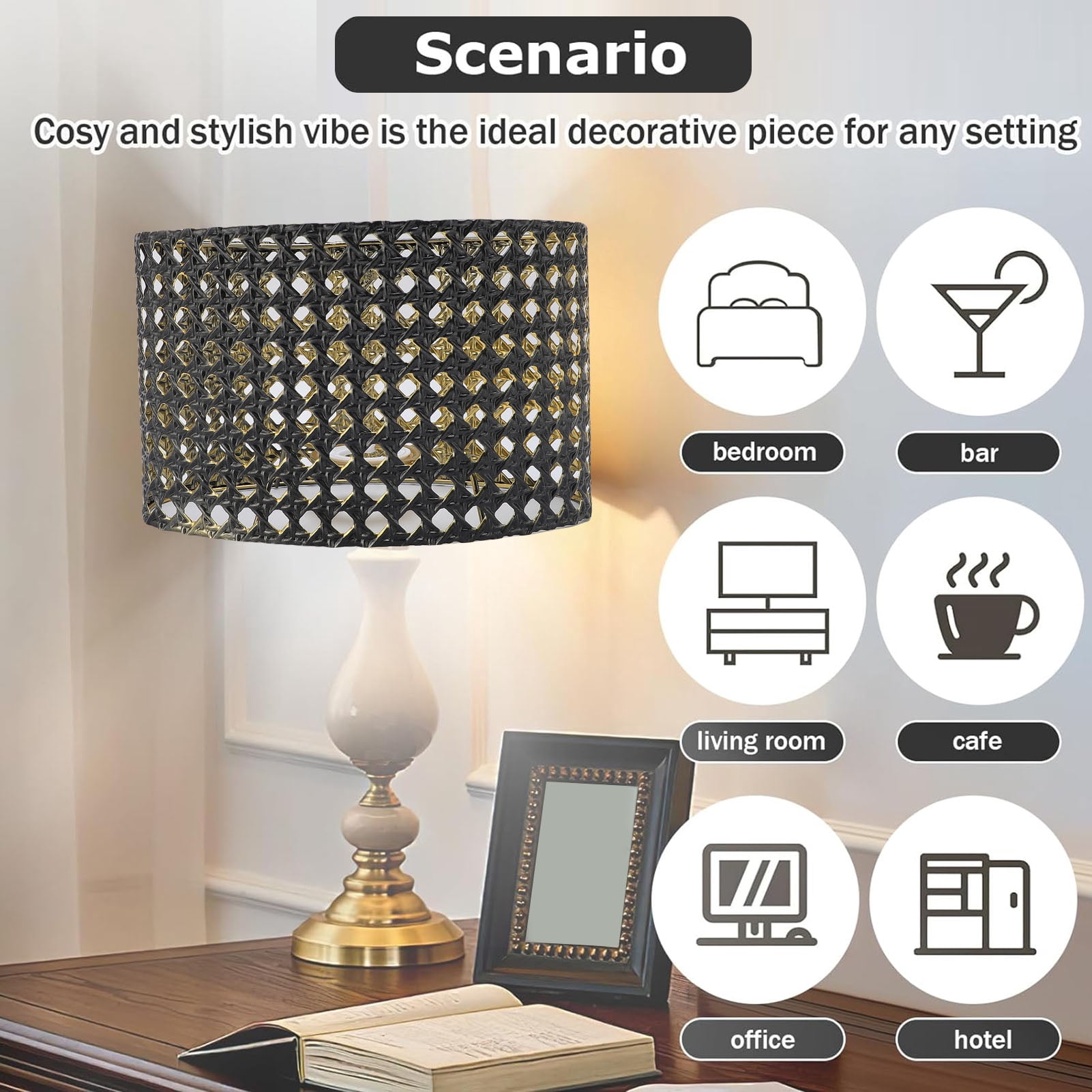 NFTIGB Oval Shaped Metal Hollow Out Lamp Shade for Table and Floor Lamps, Decorative Iron Cover with Polygon Square Hole Design, Compatible with E14 and E27 Fitters, Black (9.1 x 4.9 x 5.5 inches)
