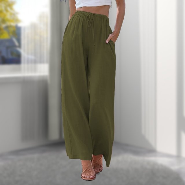 Pantalones De Pierna Ancha Pantalones holgados de mujer Pantalones casuales de lino de algodón sólido Pantalones femeninos (verde militar S) Cgtredaw para Mujer ejercito verde T S