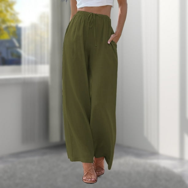Pantalones De Pierna Ancha Pantalones holgados de mujer Pantalones casuales de lino de algodón sólido Pantalones femeninos (verde militar S) Cgtredaw para Mujer ejercito verde T S