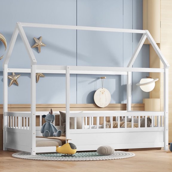 Bellemave Twin Size Montessori Bed, Wood Twin House Beds with Fence, Floor Bed with Roof for Bedroom Playroom（White）