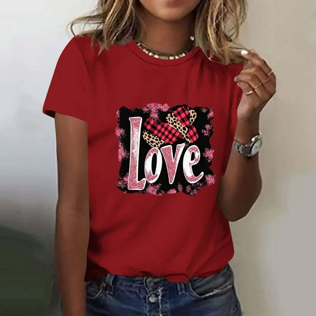 Ounisa T-Shirts pour Femmes Col Rond Mignon Cœur Lettre Graphique Manches Courtes Hauts d'Été