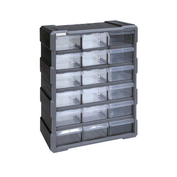 Plastic Drawer Cabinet, 6-1/4"L x 10-1/2"W x 10-1/4"H, includes (18) 5-1/2"L x 4-1/4"W x 2"H, each drawer includes a divider, stable stacking and easy wall mounting