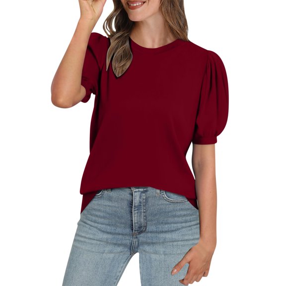 Gnshining Lantern Sleeve Pullovers for Women Summer Short Sleeve T-Shirt Loose Solid Color Tees Tops Crew Neck Tunic Tops