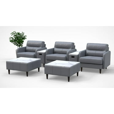 3 Person Lobby Waiting Reception Lounge Chairs Set with Charging Tables Genuine 100% Leather Color Graphite Gray Corporate Offices Commercial Retail Spaces Model 9086 7pc