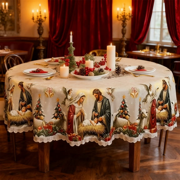 Vintage Christmas Tablecloth - Nativity Scene & Tree Pattern in Traditional Red/Green,Polyester for Family Dining & Restaurant Parties (55"× 87“)