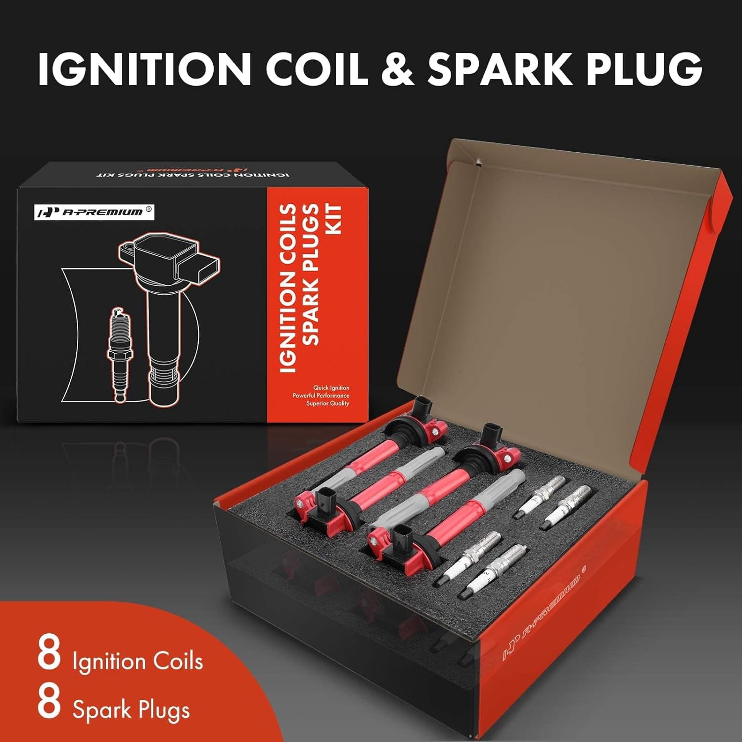 A-Premium (Red) Ignition Coils and Spark Plugs Kits Compatible with Ford F-150 2011-2016, Mustang 2011-2015, 5.0L 8-PC Set