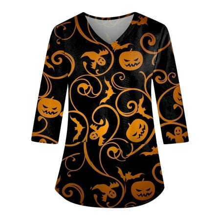 

PURJKPU Halloween Scrub Tops Women Print Plus Size Pumpkin Face Pattern Nurse Working Uniform V Neck Tops 3/4 Sleeve Soft T-Shirts with Pockets Gold 5XL
