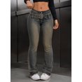 thumbnail image 6 of Dark Wash Low Rise Belted Flare Leg Jeans With Decorative Buckle Waistband, 6 of 30