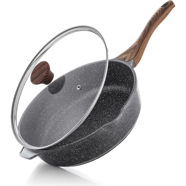 Nonstick Deep Frying Pan Skillet, 11-inch Saute Pan with Lid, Stay-Cool Handle, Chef Pan Healthy Stone Cookware Cooking Pan, Induction Compatible