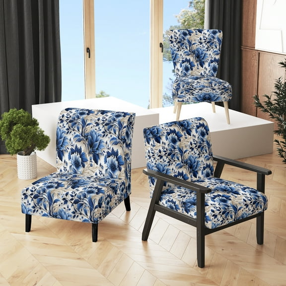 Designart "Cobalt Blue Acanthus Leaves Victorian Pattern I" Upholstered Floral Accent Chair and Cottage Arm Chair - Multiple Color & Pattern
