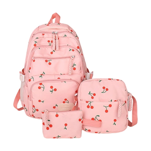 3 Piece Cherry Print Backpack Set Lightweight Casual Daypack with Crossbody Pouch and Pencil Case for Travel Daily Commute 16.5 x 11.8 x 5.5 Inch
