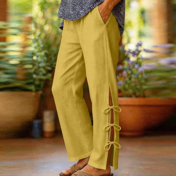 Chbgutlmr Pants for Women Straight Leg Split Hem Tie Side Elastic Waist Trousers Casual Loose Trendy Solid Color Pants[XL,Yellow]