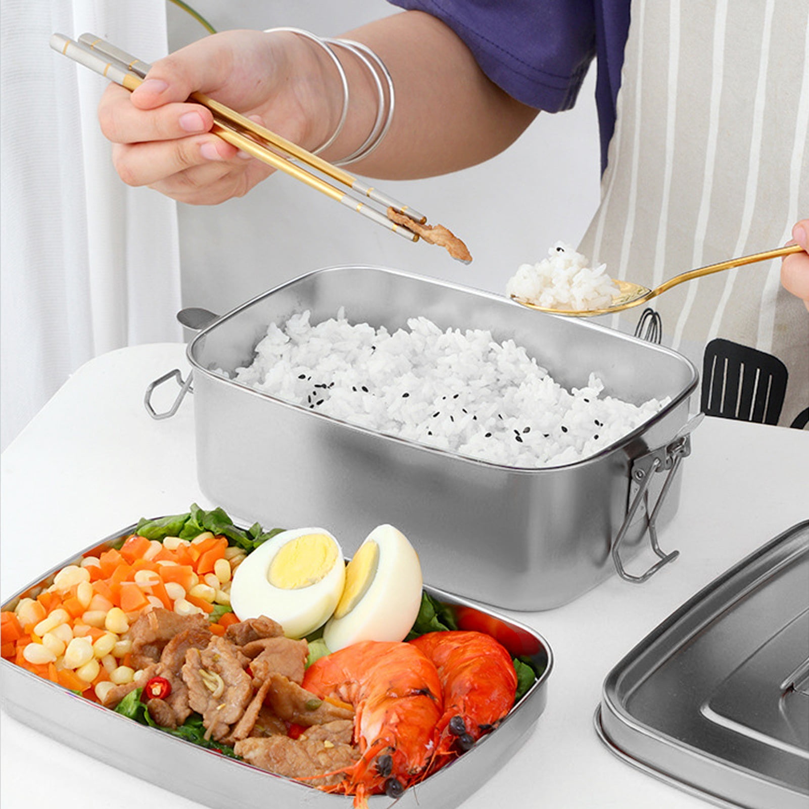 Portable Divided Stainless Steel 2 Compartments bento lunch box with Lock Clips Design, Metal Lunch Box Containers,Dishwasher Safe Leak Proof for Home Office[Silver]