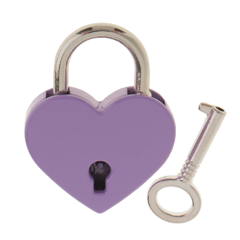 Retro Alloy Heart Shape Padlock with Key Tiny Suitcase Crafts Lock Purple M 