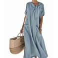 thumbnail image 2 of Robe Maxi Évasée Élégante à Manches Courtes avec Poche à Ruban pour Femmes, Coupe Ample Décontractée, Robe d'Été Bleue G, 2 of 7
