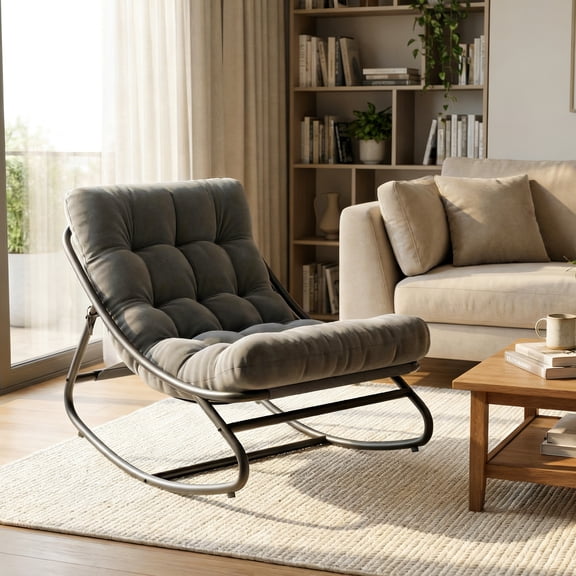 Indoor Outdoor Papasan Rocking Chair with Cushion, Curved Metal Frame Rocking Chair for Bedroom Living Room Porch Patio