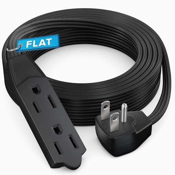 Maximm 15ft Flat Plug Extension Cord UL Certified 16 Gauge, 125V, 13 Amps, 1625 Watts Grounded 3-Prong Cord - Black
