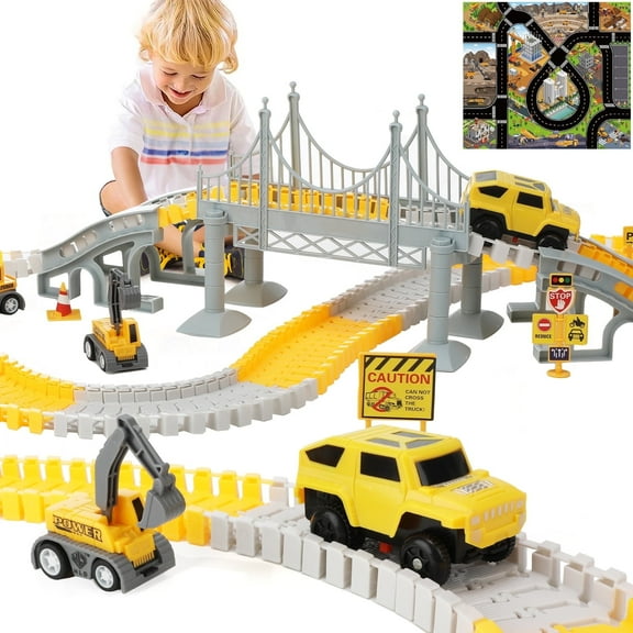 Anpro 180PCS Construction Toys Race Track Set for Kids, DIY Flexible Track Playset with Engineering Cars and Playmat, Create a Engineering Road Games Gift Toys for Age 3  Boys