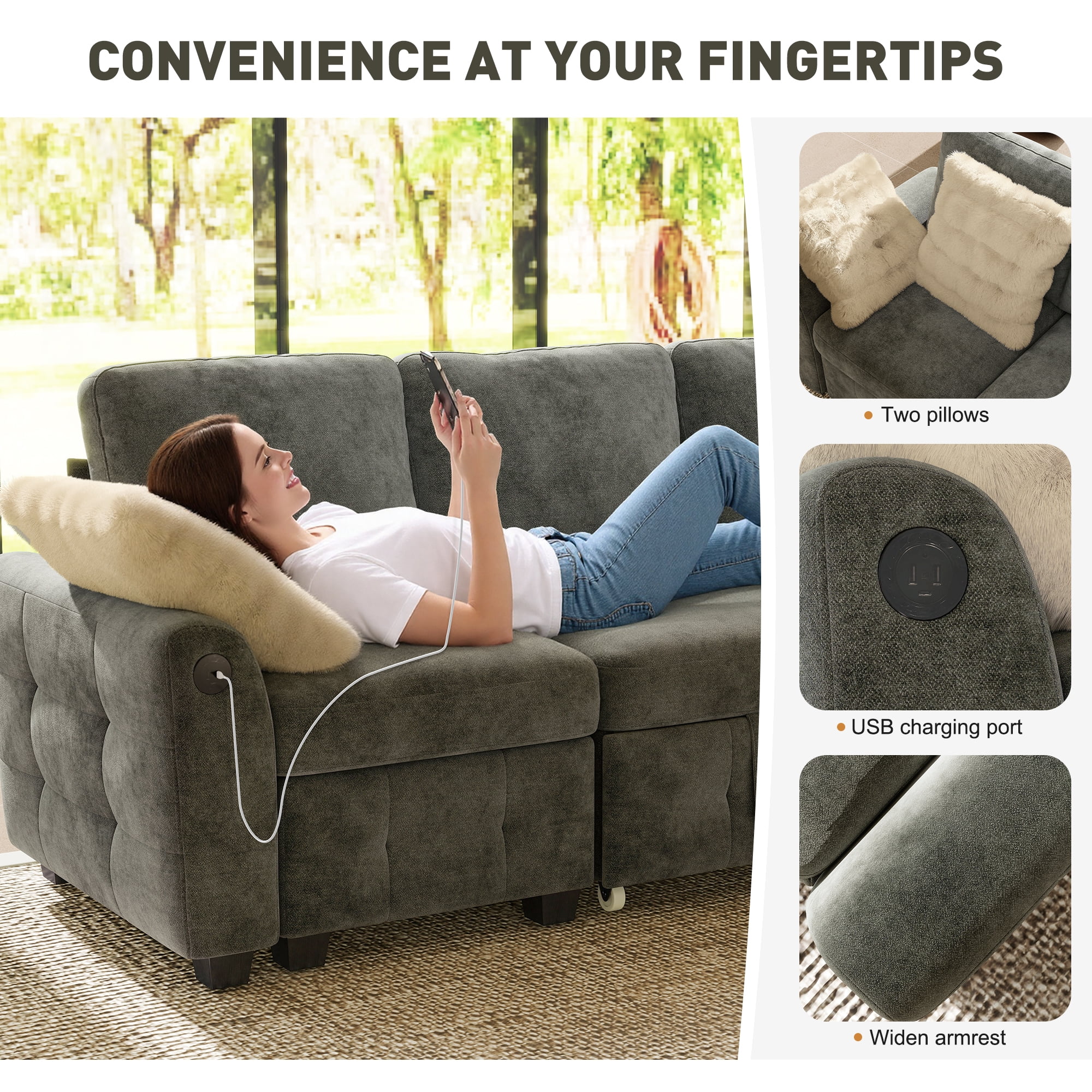BedLuxury 59" Sleeper Loveseat With Pull Out Bed, Corduroy Sofa Bed With USB Charging for Small Spaces, Chenille Gray