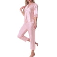 thumbnail image 4 of Conjunto de pijama de satén para mujer INSPIRE CHIC, camisa de media manga de seda con pantalones largos, ropa de descanso suave, color rosa, 4 of 6