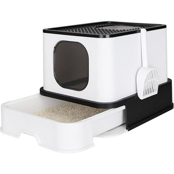 Cat Litter Box, Foldable Cat Box with Drawer, Large Capacity Litter Box with Lid, Top Opening Litter Pan for Small to Big Cats (Black)