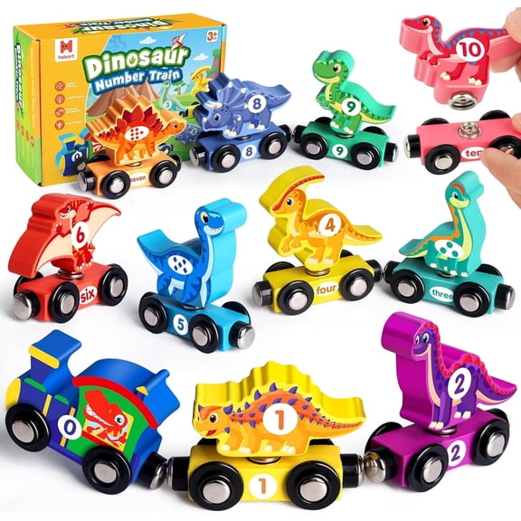 Wooden Dinosaur Train Set, Learning Dinosaur Toys and Number Train for Toddlers, Educational Montessori Toy for Counting and Motor Skills, for 3-5 Year Old Boys Girls