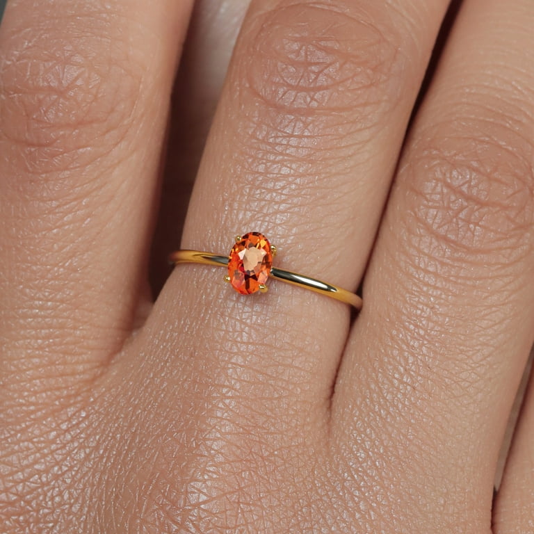 Gem Stone King 10K Yellow Gold Orange Sapphire Engagement Ring for