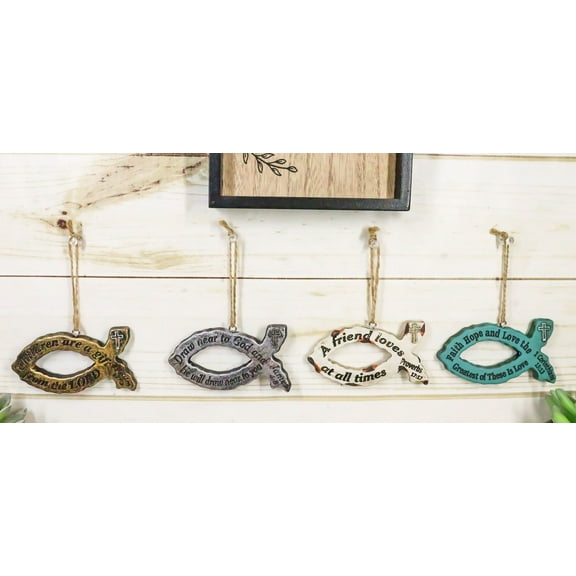 Rustic Bible Scriptures Christian Fish Ichthys Christmas Tree Ornaments Set of 4