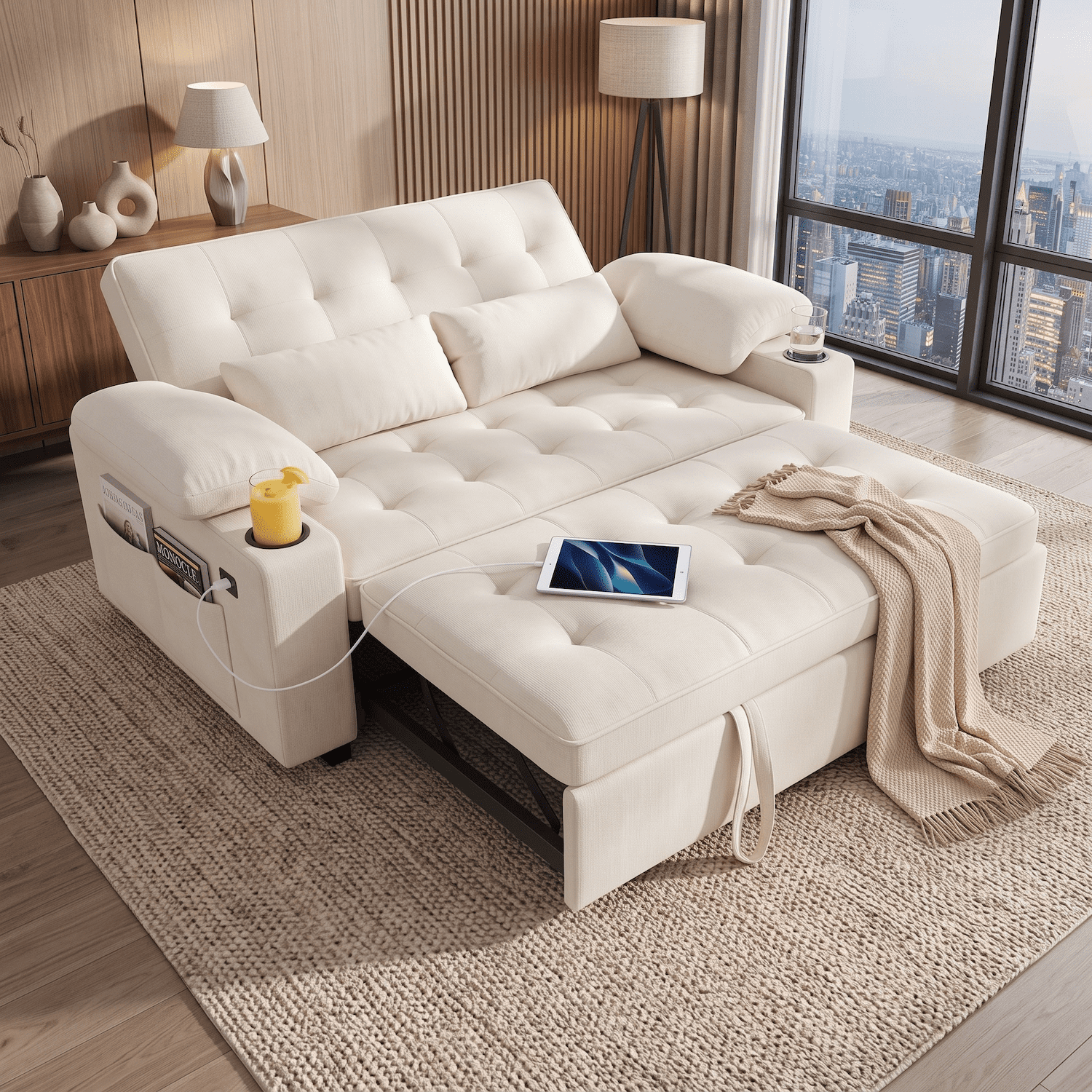 Xiweot Convertible Sleeper Sofa Bed, 58" Full Size Pull Out Couch with Cup Holders, Adjustable Backrest, USB Ports & Side Pockets, Towel Fabric Sleeper Loveseat for Living Room Apartment (Beige)