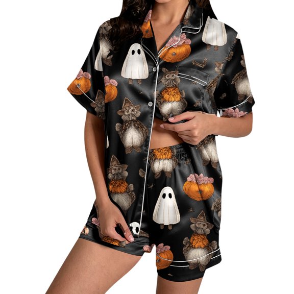 Cute Pajamas Black Pumpkin‑print Satin Short‑sleeve Nightwear Pjs Sets for Women XXL