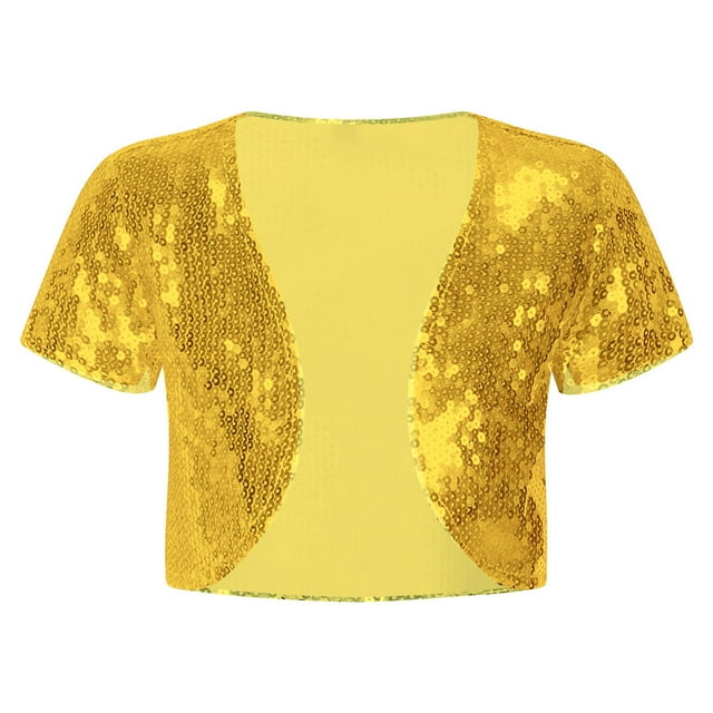 LiiYii Boléro à Paillettes pour Enfants à Manches Courtes, Cardigan Boléro Ouvert, Vêtement d'Extérieur, Robe, Couvre-Maillot, Or 8