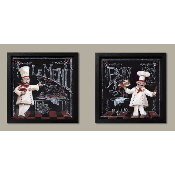 Lovely Chalkboard-Style French "Le Menu" and "Bon Appetit" Chef Set by Tre Sorelle Studios; Two 12x12in Black Framed Prints, Ready to Hang!