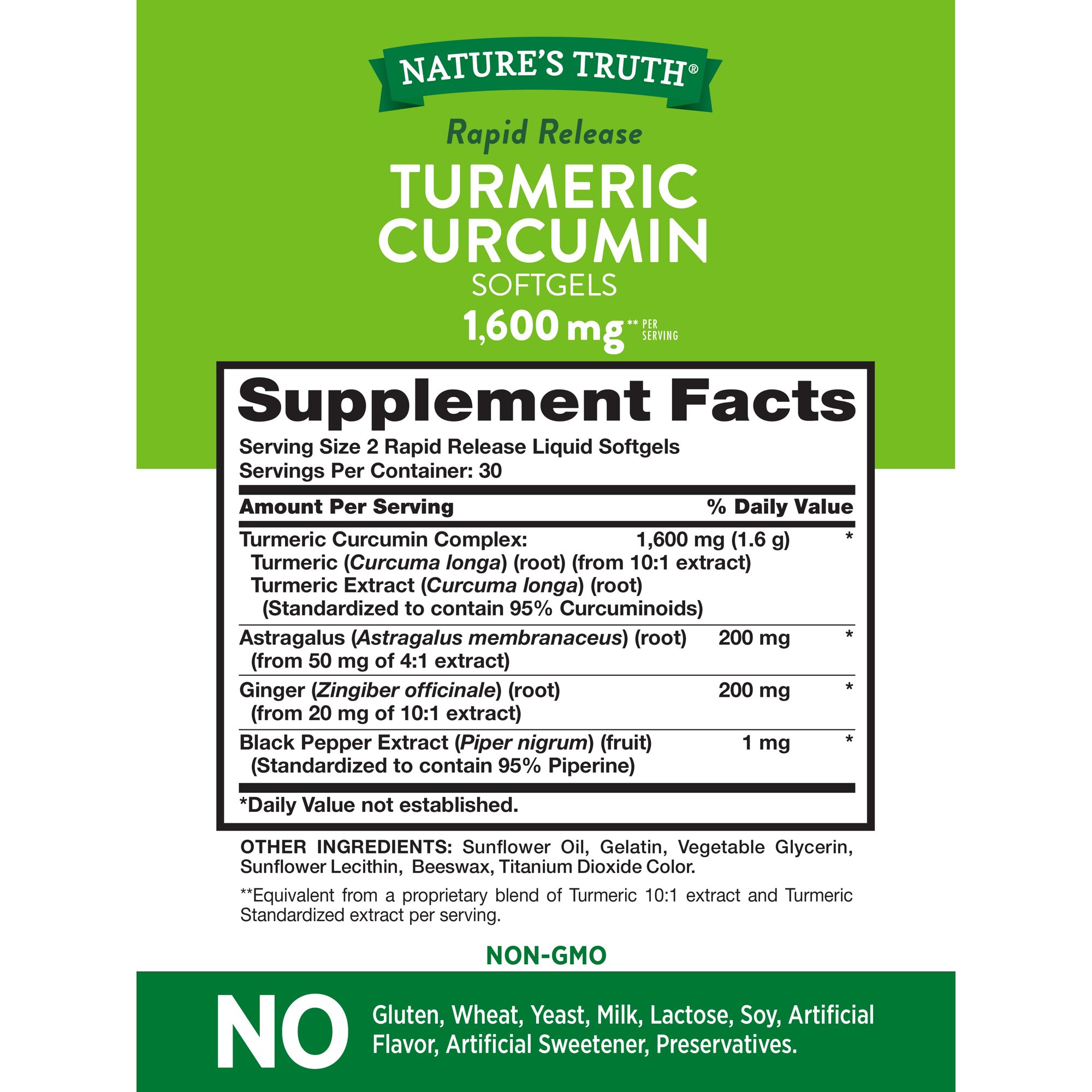 Nature's Truth Turmeric Curcumin 1600mg, 60 Softgel Capsules With Ginger, Astragalus, & Black Pepper Extract *EN