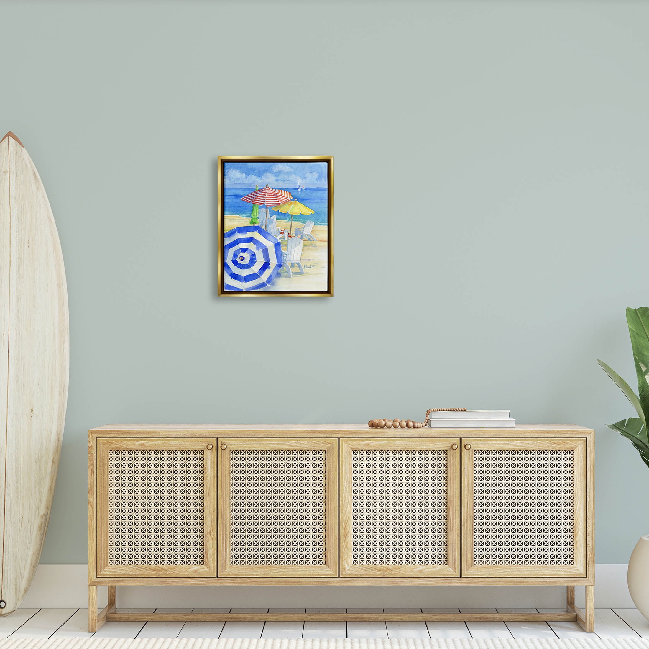 Stupell Industries Summer Beach Coast Ocean Waves Painting Metallic Gold Floating Framed Canvas Print Wall Art, Design by Paul Brent