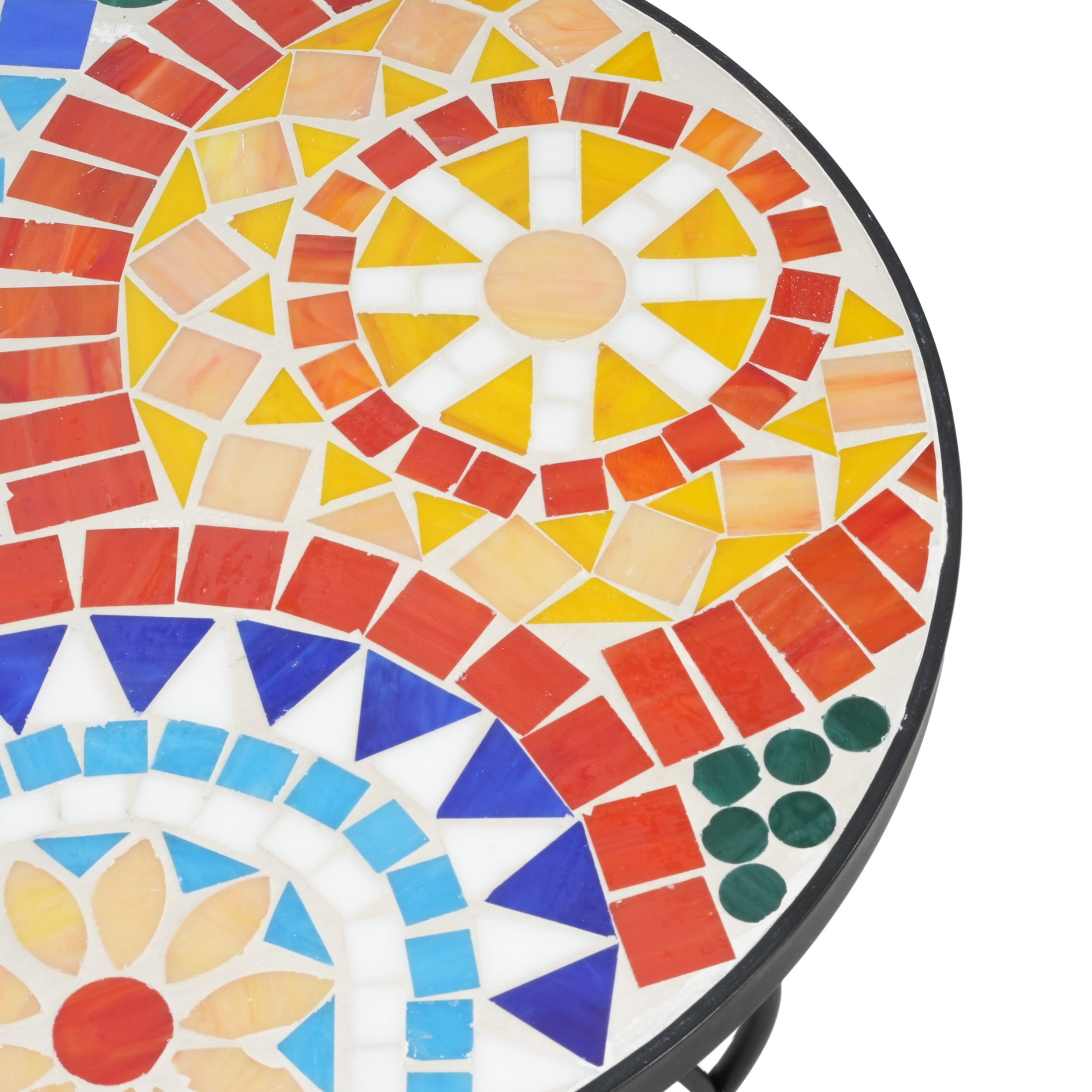 Stow Outdoor Patio Round Side Table, Ceramic Tile, Iron, Black + Colorful