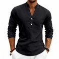 thumbnail image 2 of Men's Linen Long Sleeve Shirt Button Henley Shirt V-Neck Casual Plain Lightweight Fall Top L, 2 of 7