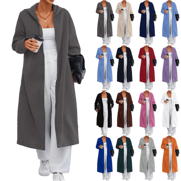Horkkom Long Cardigans for Women Soft Open Front Cardigan with Hood Pockets Winter Casual Loose Overcoats L