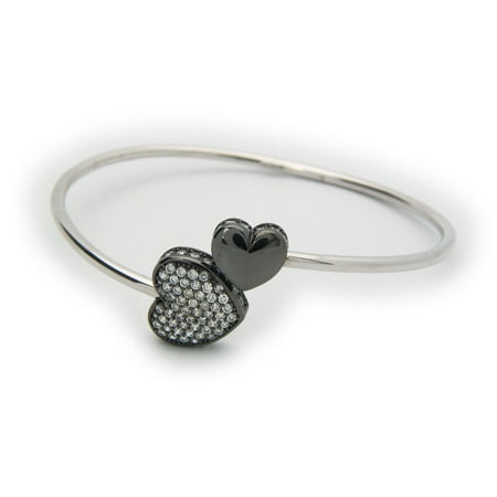 Gunmetal Heart - Sparkling Cz Heart Cuff Bangle in Gunmetal Sterling Silver